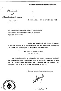 SENADO DECLARA DE INTERÉS EL III CONGRESO NACIONAL DE DERECHO AGRARIO PROVINCIAL A REALIZARSE EN LA UNCO